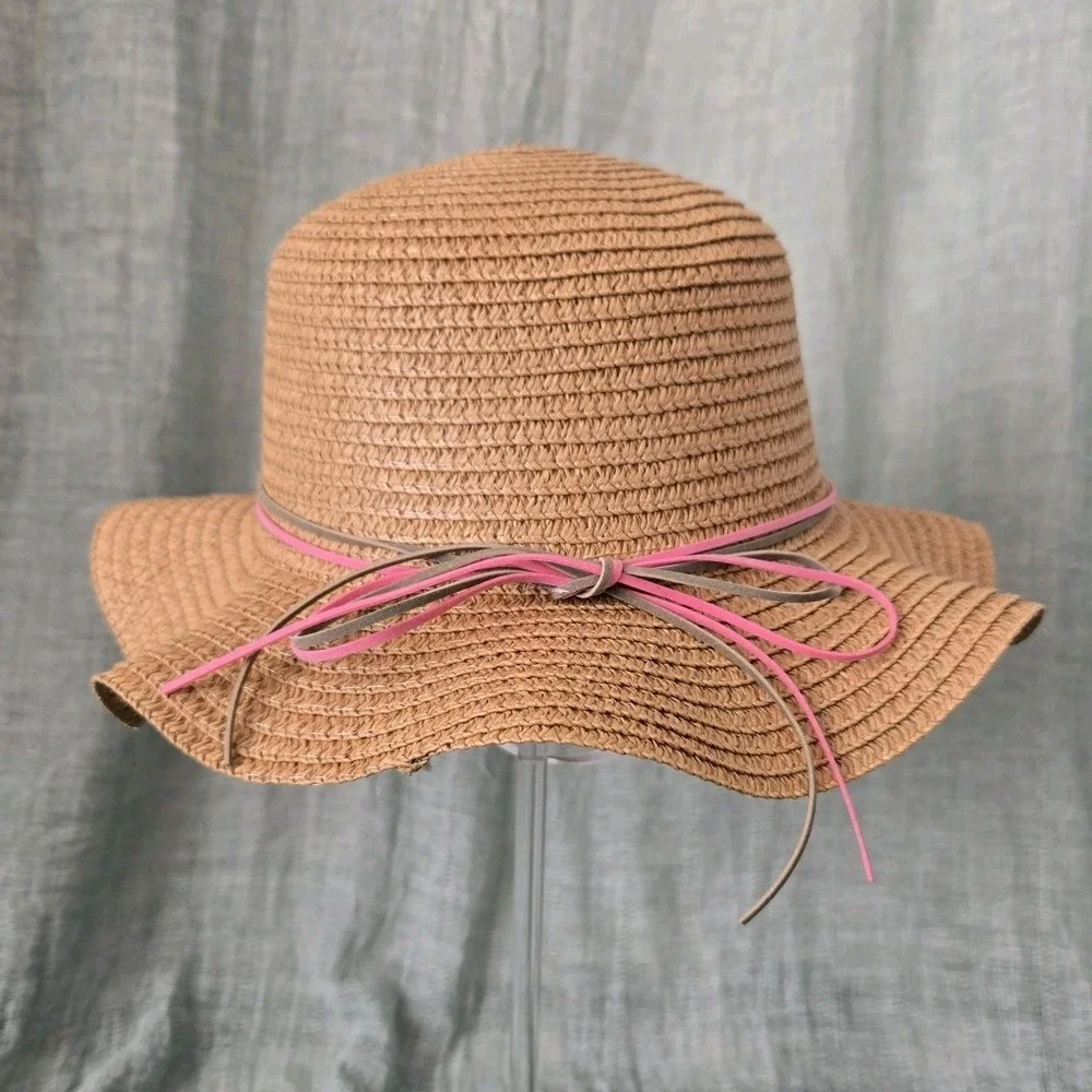 Girl's Tan Straw Floppy Brim Sun Hat Easter Spring Light Airy Chin Strap‎
